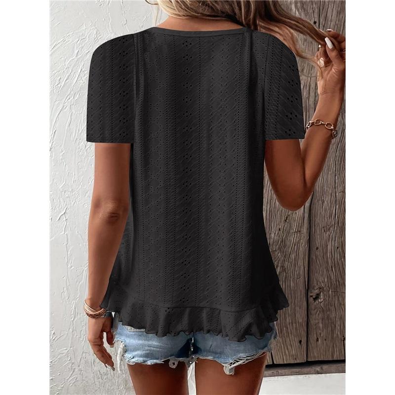 Women's Casual Hollow Out Ruffle Hem T-Shirt - Short Sleeve Round Neck Solid Color Top