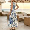 Urban Casual Floral Sleeveless Floor-Length Dress,Fresh Blue & White Lightweight Flowy,Stylish for Daily,Party,Travel