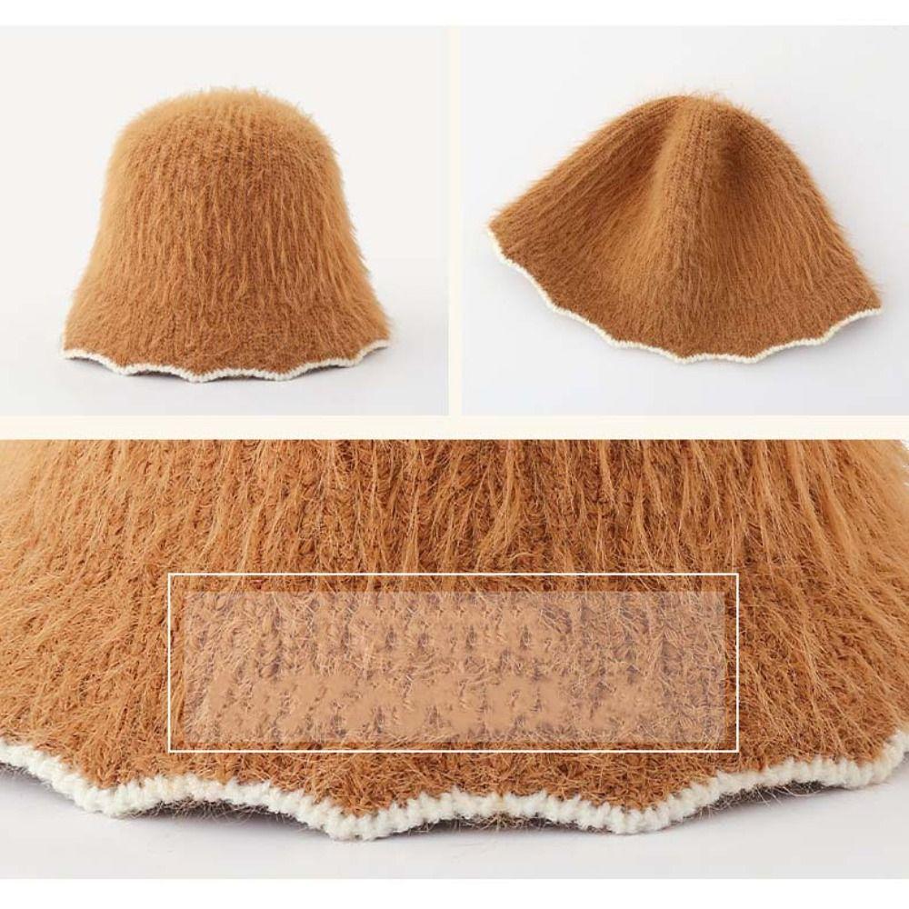 Face Revealing Small Knitted Hat Knitted Basin Hat Sweet Plush Fisherman Hat  Outdoor