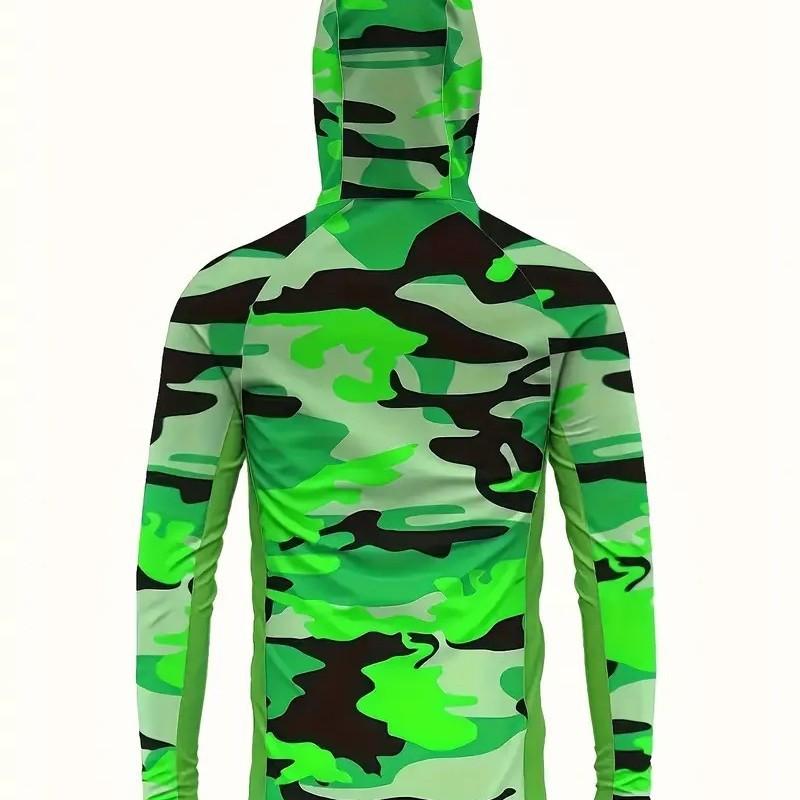 Men's Green Camouflage Printed Hooded Long Sleeve Top Breathable Lightweight Sunscreen Suitable for Outdoor Fishing