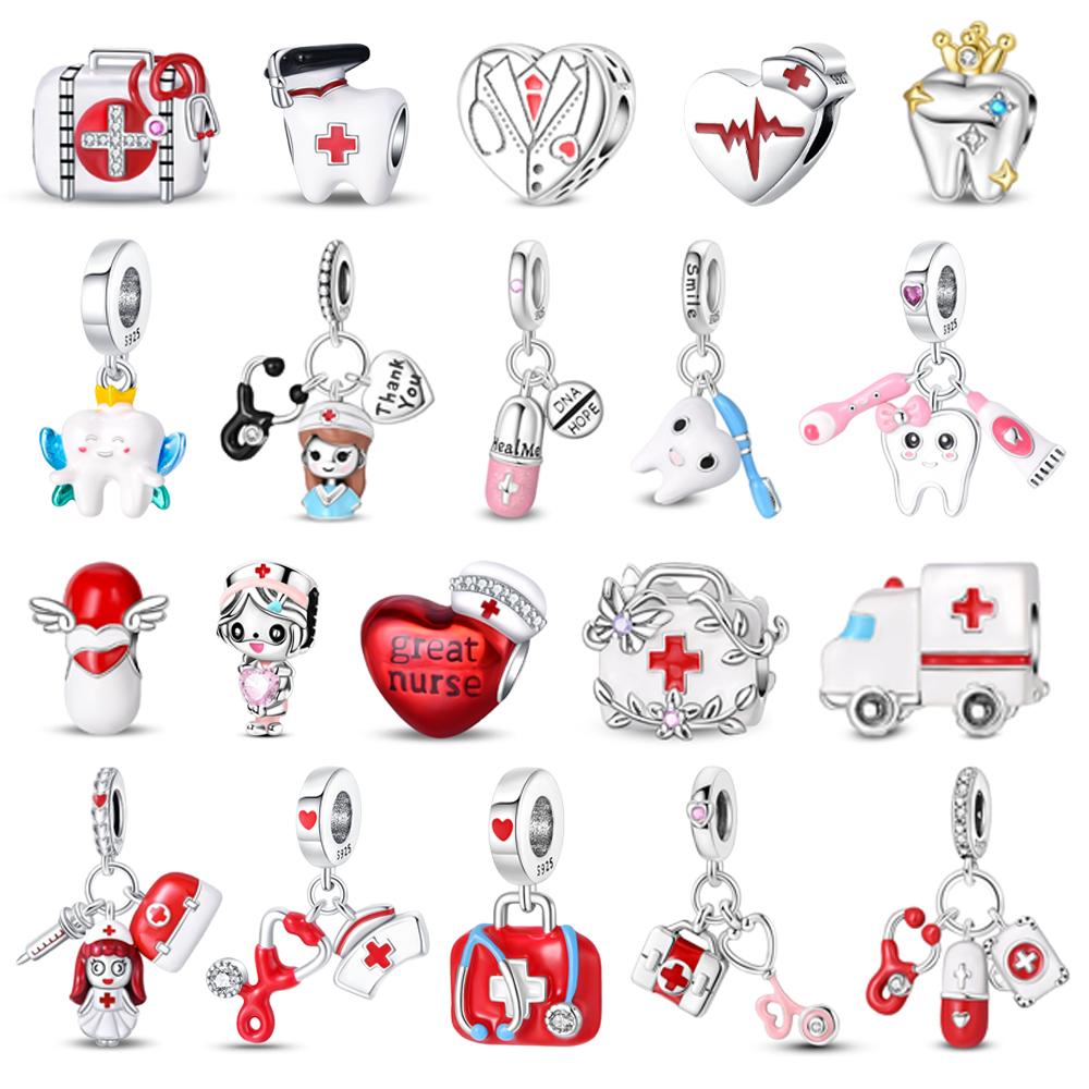 Trendy Copper Medicine Chest Healing Beads & Pill Stethoscope Dangle Charm Fits Bracelet Nurse'S Day Pendant Gifts