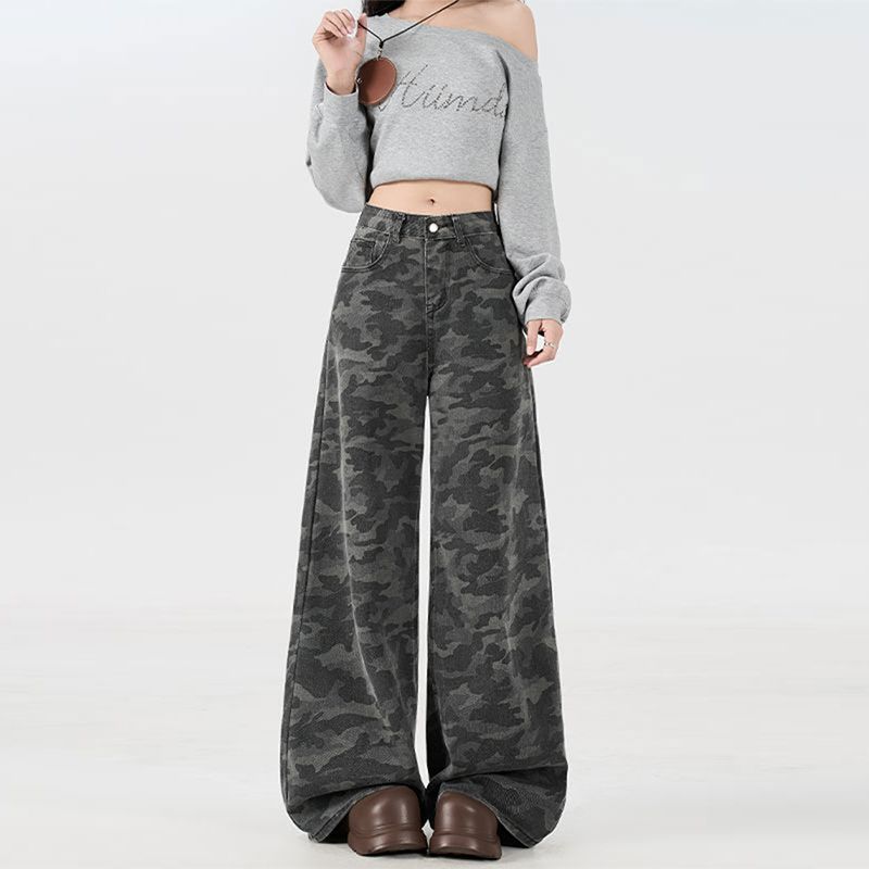 Camouflage Wide-legged Jeans Women's Spring and Autumn Large Size Hundred Yards Loose Drape Skinny Straight Trousers Jeans for Women Long Denim Pants