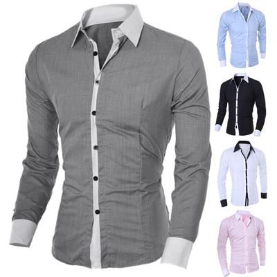 Business Men Turn Down Collar Long Sleeve Color Block Cotton Prom Slim Shirt