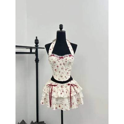 2024 Sommer Strand Fee Urlaub 2000er Rave Outfits Damen Elegantes 2-teiliges Set Gyaru Coquette Spitzen Neckholder Tops + Y2k Minirock