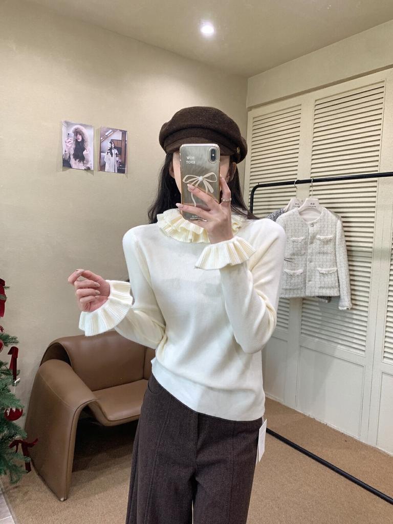 Lotus Leaf Edge Long-sleeved Knitted Sweater Women's Stacked Design Sweater Autumn and Winter New Inner Top