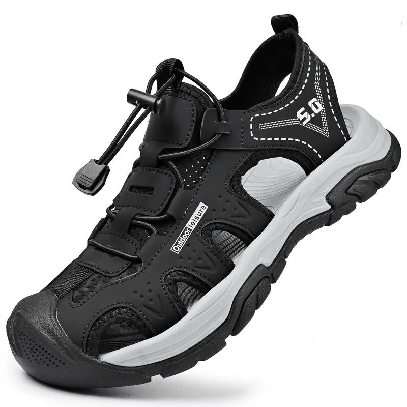 Fashion Leather Men's Summer Shoes Comfy Breathable Mens Sandals Non-Slip Male Anti-collision Toe Beach Flats Outdoor Shoes Hollow Out