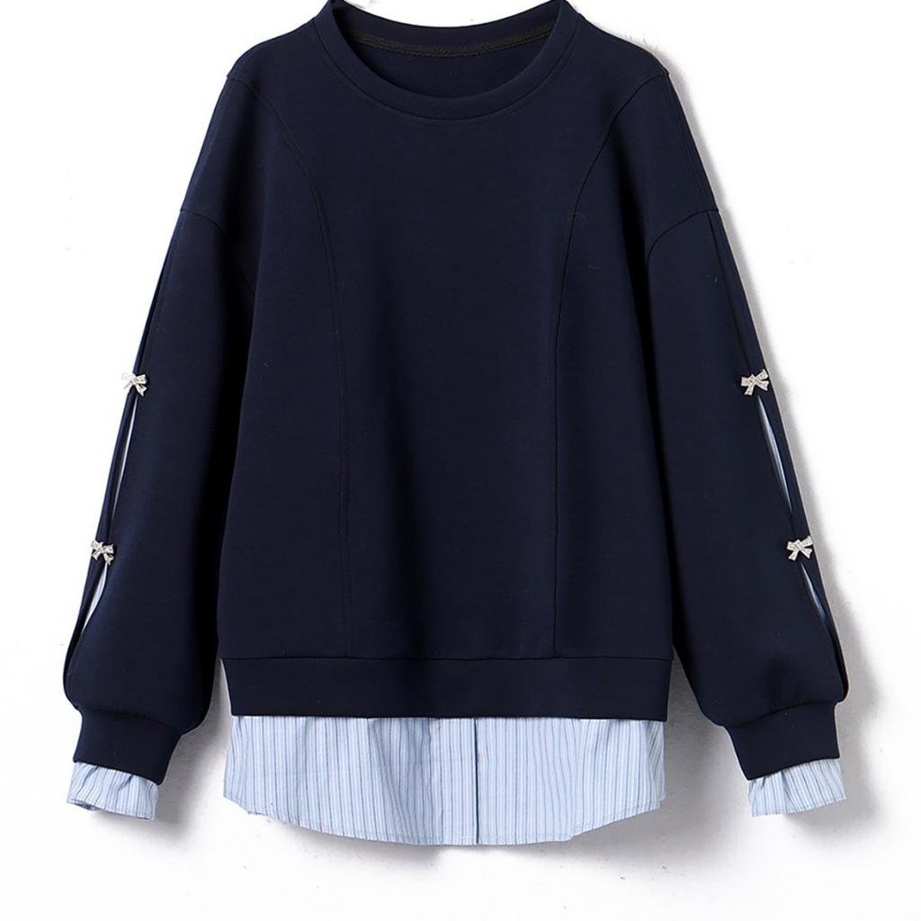 Fake Two-piece Sweatshirt for Women's Autumn New Fat Mm Loose Large-size Striped Top
