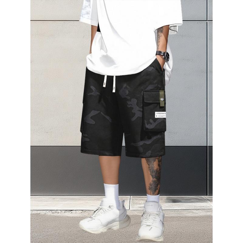 Men Blue Camo Cargo Shorts Elastic Waist Multi-Pocket Casual Summer Shorts S чёрный