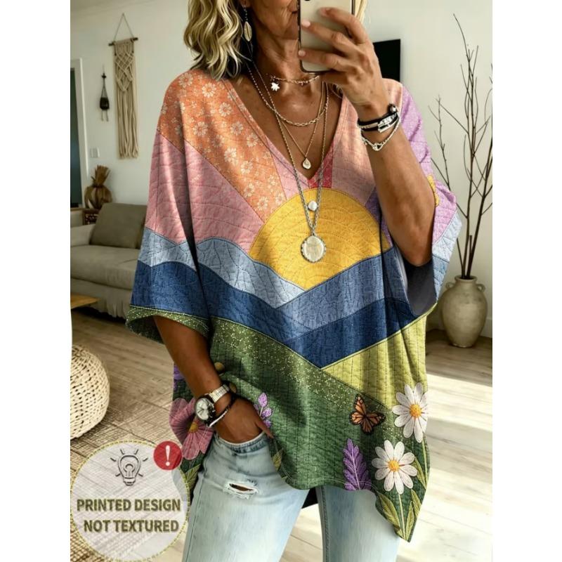 Women's large-size V-neck T-shirt, retro casual top, with printed design, fashionable and versatile ,machine washable.