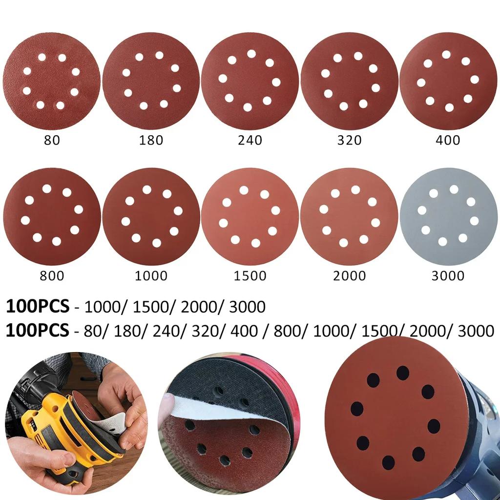 100Pcs Sanding Discs 5 Inch 8-Hole Alumina Sanding Pad Sanding Sheet Polishing Sand Paper for Metal Wood Glass Car Abrasive Tool