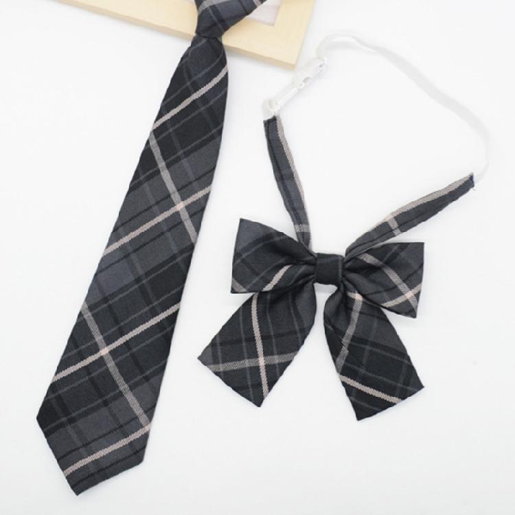 Adjusted Pre-Tied Necktie Vintage Gray Checkered Print Japanese College Bowtie