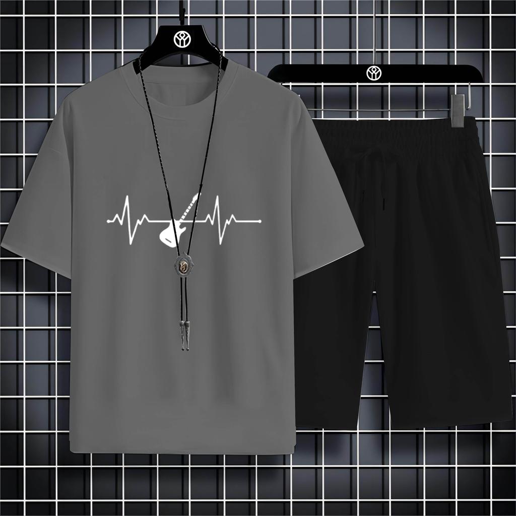 Summer 2023 Casual Outdoor Sports Style 2d Bike Print Men'S Crew Neck T-Shirt Trouser Set Loose And Comfortable Quick Dry