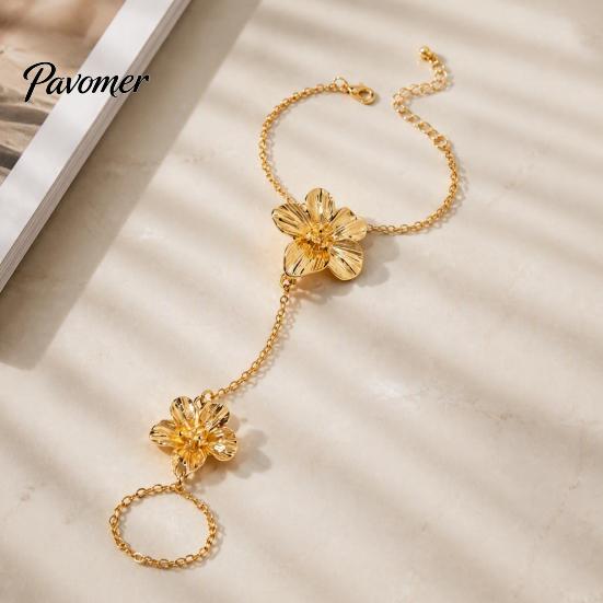 Layered Flower Hand Accessory Gold Chain Link Bracelet with Finger Ring for Integrated Women, Hibiscus Flowers O Bracelet, Floral Fairy Jewelry