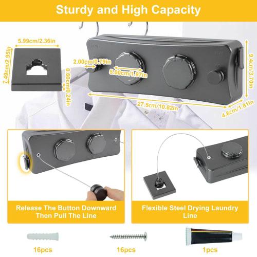 Retractable Clothes Drying Line, 16.7 Feet Long Twin Clothes Drying Line, Indoor Clothes Drying Wire, Wall-Mounted Stainless Steel Retractable Laundry
