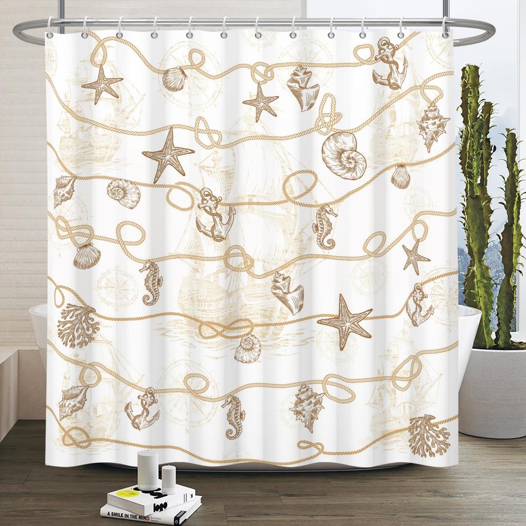 Marine Life  Shower Curtain Turtle Shells Starfish Anchor Ocean Style With Hooks Bathroom Decor Curtain Waterproof Sea Theme