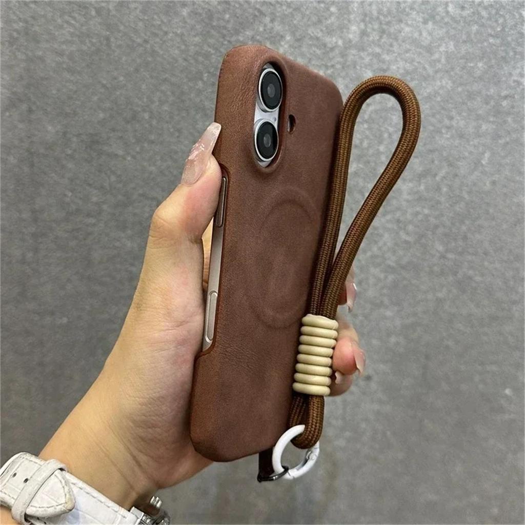 Luxury With Lanyard Magsafe Cortex Phone Case For iPhone 16 15PRO MAX 12 13 14 15 16 Pro Max Plus Magnetic Bumper Back Cover