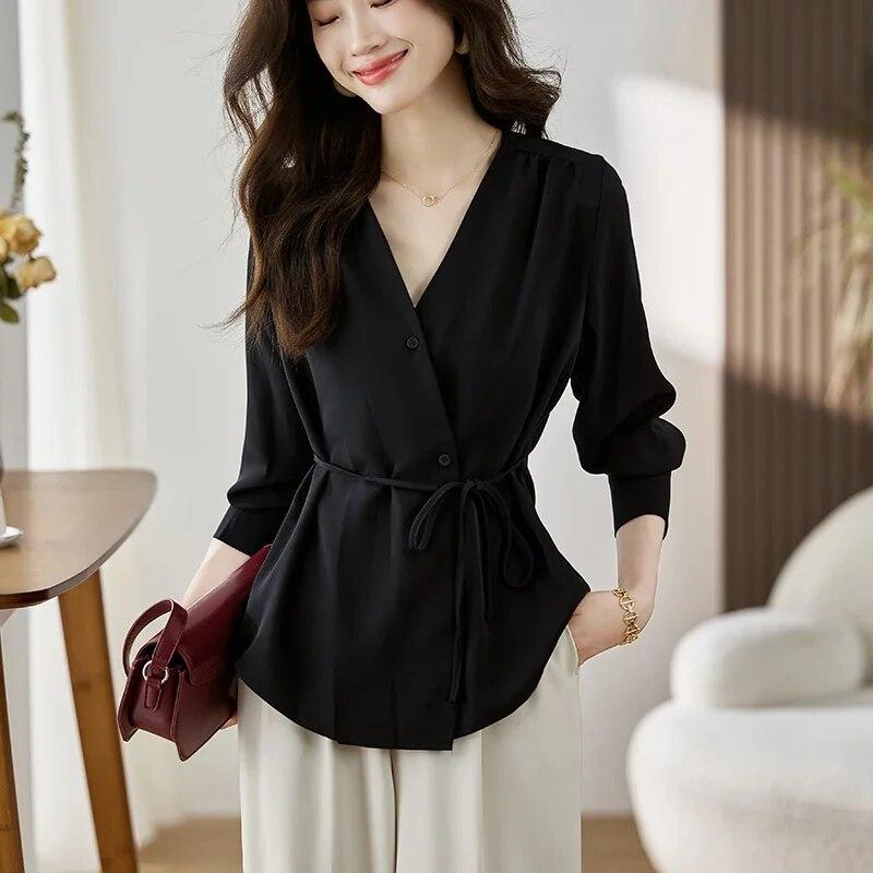 Autumn  Korean Style V-neck Lace-up Blouse Women Elegant Long-sleeve Shirt Women Office Lady Bottoming Tops Woman 29661