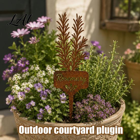 Gartendeko für Innenhöfe Rasenflächen Metallpflanzenstab Rostiges Rosmarinetikett Dekorative Kräuteretiketten Outdoor Thymian-Markierer Hofkräuter Hochbeet Pflanzgefäß