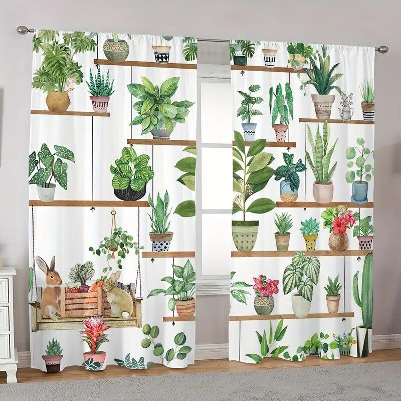 2Pcs - Bright Potted Plant And Succulent Plant Printed Curtains, Pole Bag Curtains, Home Decoration, Room Decoration