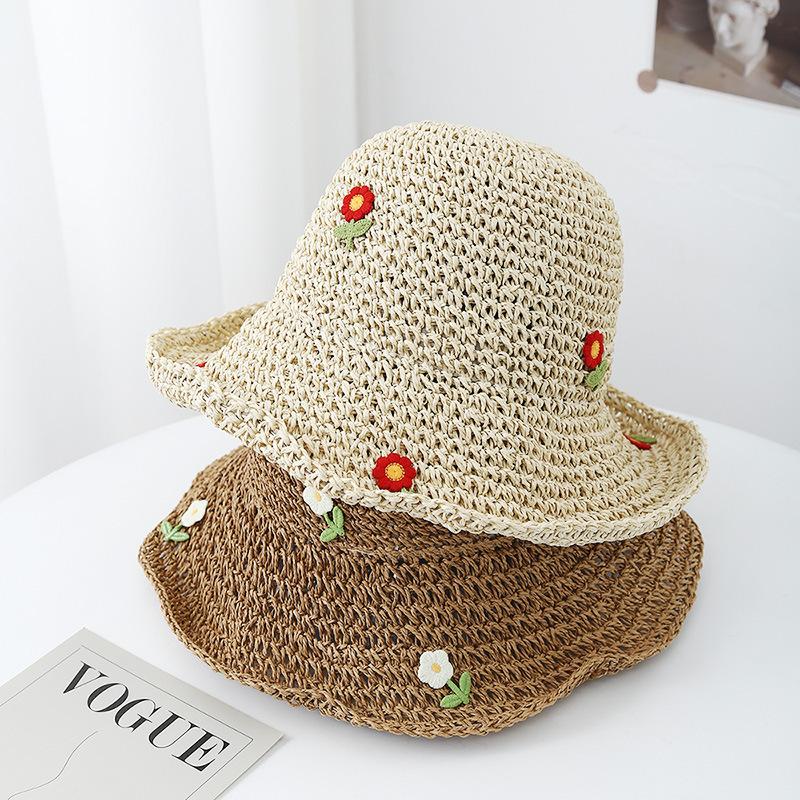 Women's Straw Bucket Hat Floral Adjustable Sun Protection Sun Hat, Breathable Foldable Beach Hat for Summer Outdoor