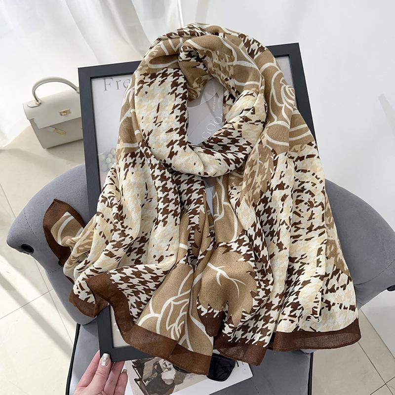 Fashion Creative Thousand Bird Grid Flower Print Scarf Autumn and Winter Women's Office Travel Photography Cotton and Linen Shawl Tide