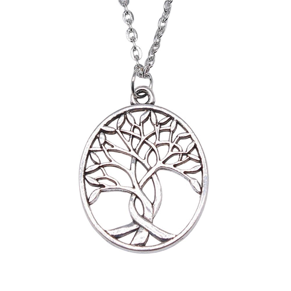 Vintage Rose Flower Charm Necklace Tree Of Life Pendant Antique Jewelry 43cm Chain