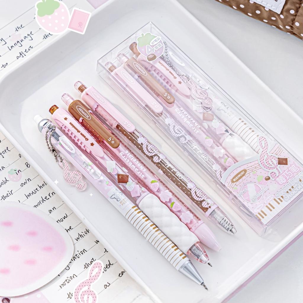 4pcs Strawberry Chocolate Gel Ink Pen Retractable 0.5mm Ballpoint Quick Dry Black Color for Writing Stationery A3203