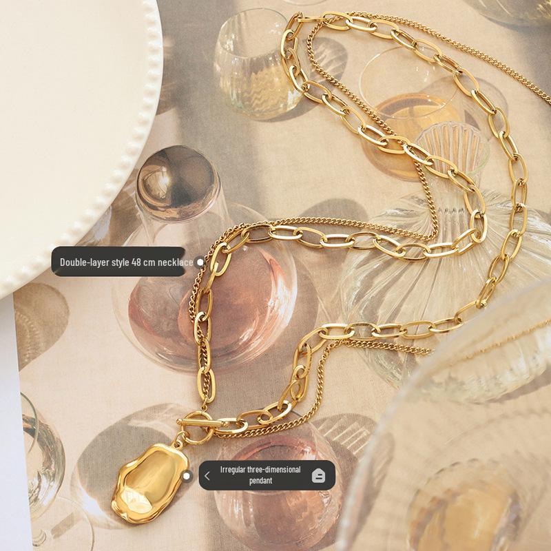 Gold Plated Titanium Steel Double Layer Irregular Pendant Necklace - European & American Hip Hop Style Clavicle Chain