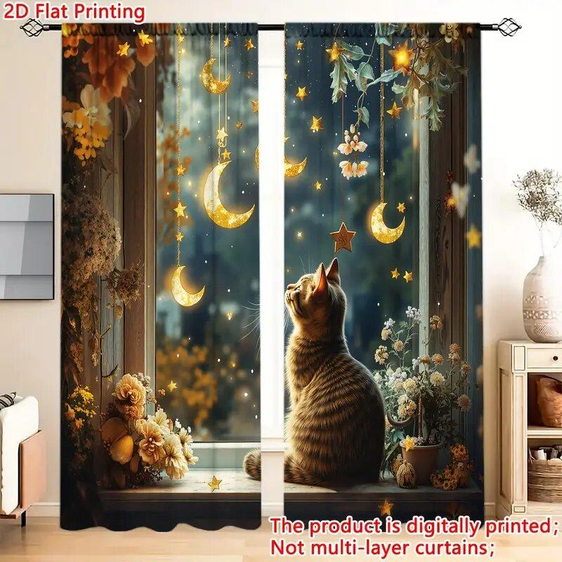

2Pcs- Dreamy Window Cat Pattern Printed Curtains, Window Decoration, Home Decoration, Room Decoration 14Wx39L(35x100CM)x2