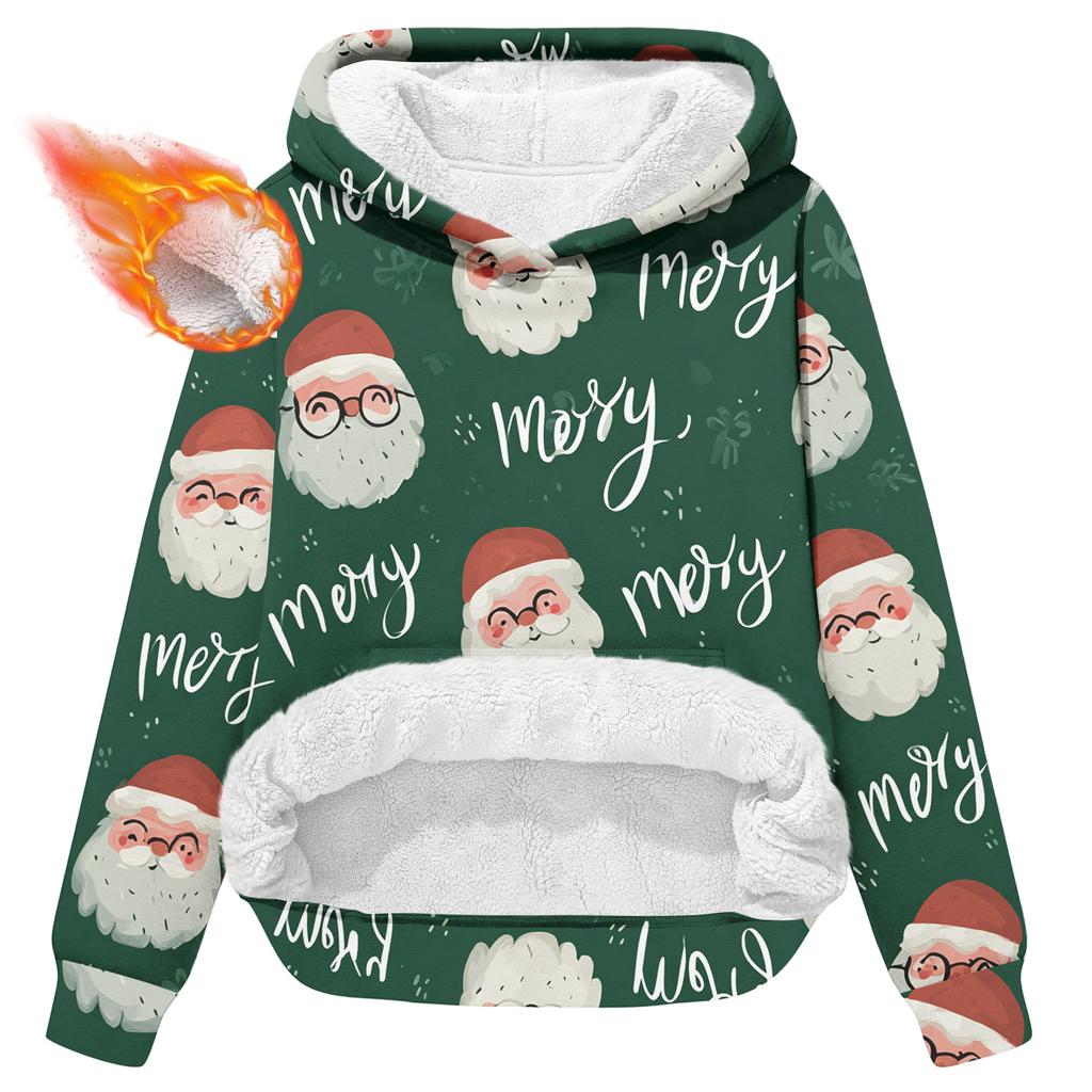 Women's Fashionable Casual Long-Sleeved Christmas Print Fleece-Lined Thick Hooded Sweatshirt