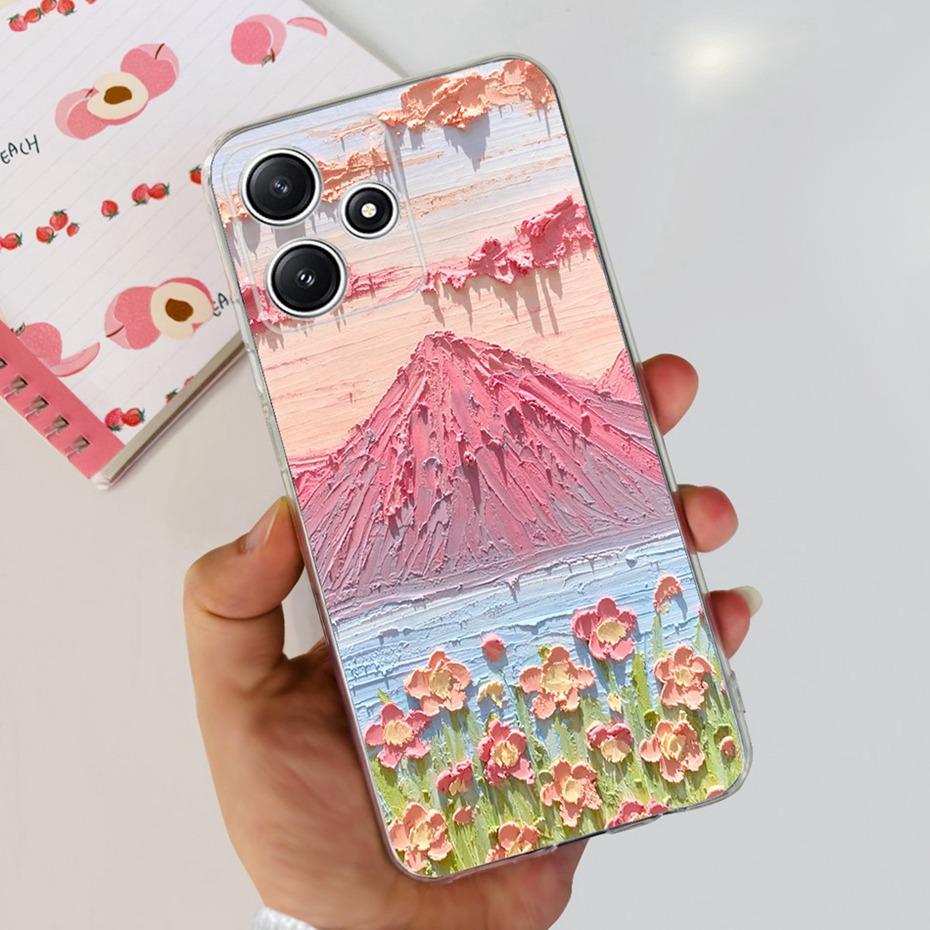 Cute Flower Cat Painted Case For Xiaomi Redmi 12 5G 2023 Soft Silicone TPU Back Cover For Redmi12 5G Global Phone Bumper
