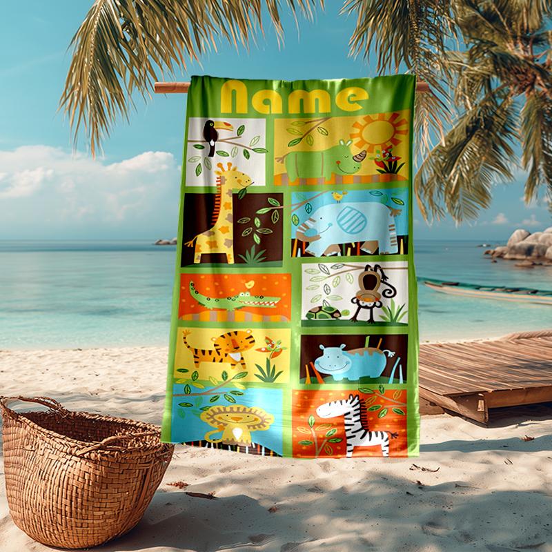 Custom Name Ultra-Soft Beach Towel with Animals Theme,Ideal for Pool - Camping, Diving - Perfect Travel Essential, Vibrant Beach Towel.
