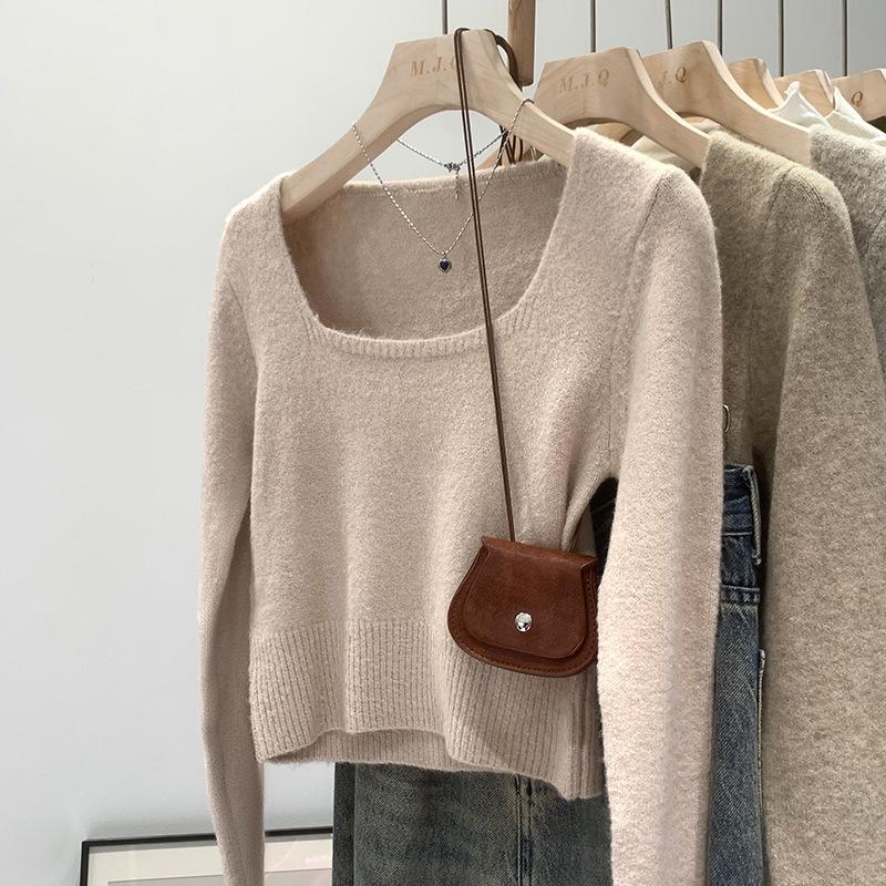 Kurzer weicher wachsartiger Pullover mit quadratischem Kragen für Damen, Herbst, neuer Pullover mit langen Ärmeln, Oberteil für kleine Personen, vielseitiges Unterhemd-Top