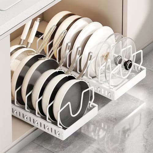 Set of 2 8-Compartment Frying Pan Rack, Drawer Storage, Pot Storage Sideboard, Frying Pan Stand, Pot, Cutting Board, Lid Holder, Drawer Storage