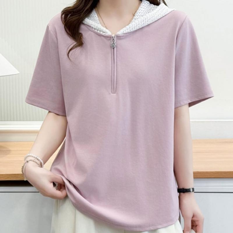 Navava Women Casual Daily Half Zip Lace Hoodie ShorT Sleeve T shirT nT3400