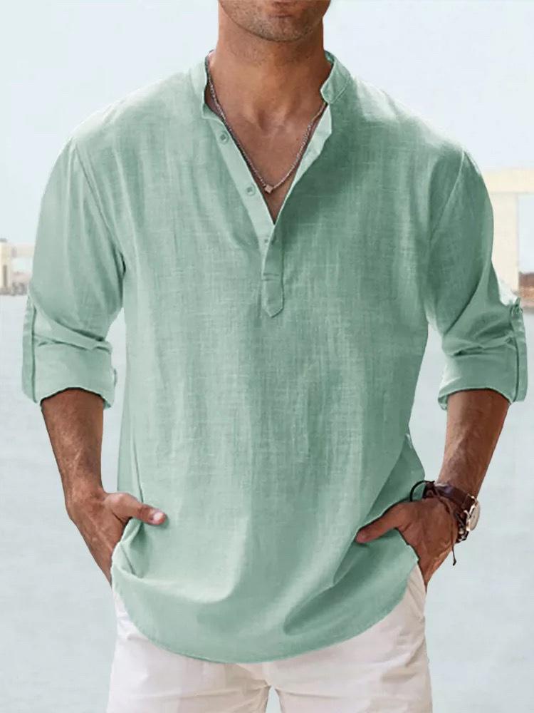 

Men s 2026 Cross-Border Linen Stand Collar Long-Sleeve T-Shirt 5XL зелений