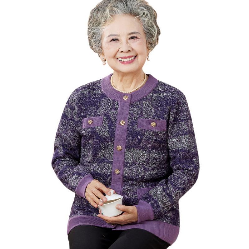 Loose Old Lady Spring and Autumn Coat Old Man Clothes Women Old Man Grandma Sweater Mother Clothing Thin Knitted Cardigan