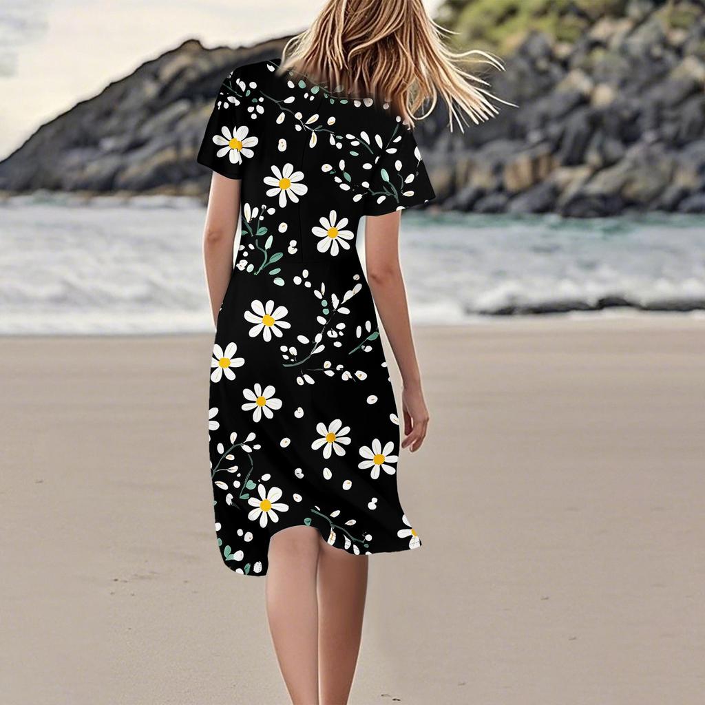 Women's Casual Fashion Flower Print Dress V Neck Short Sleeve Short Skirt