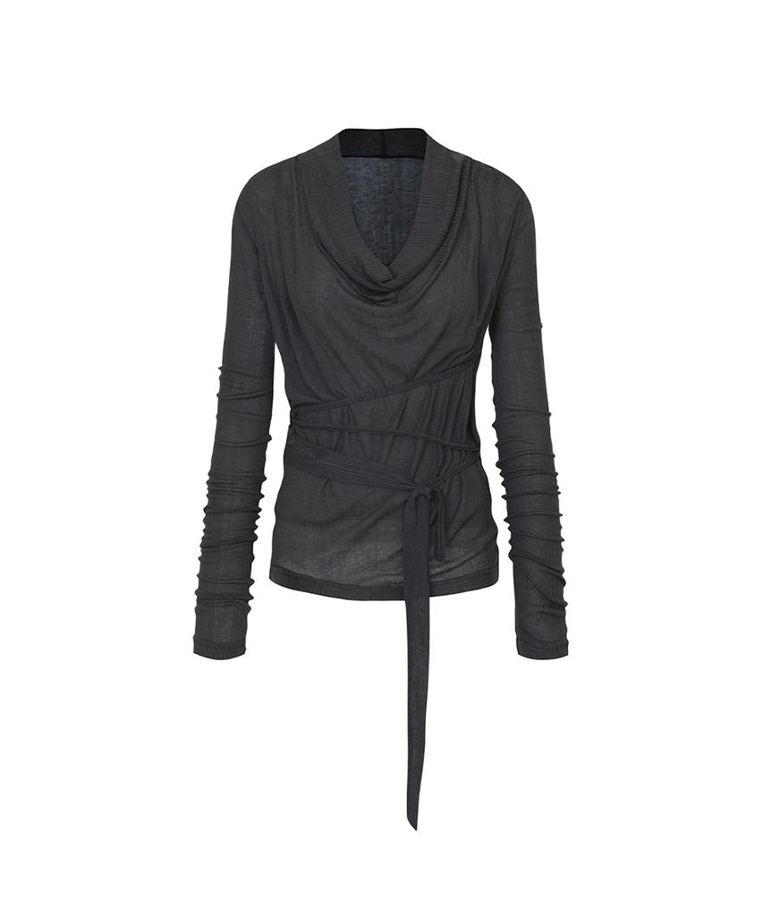 PAINORPLEASURE Lily Cowl Ribbon Top Charcoal