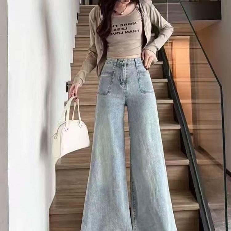 Hong Kong Style Petite Women’s Light-Wash Loose Straight-Leg Jeans – Stylish Wide-Leg Floor-Length Denim Pants