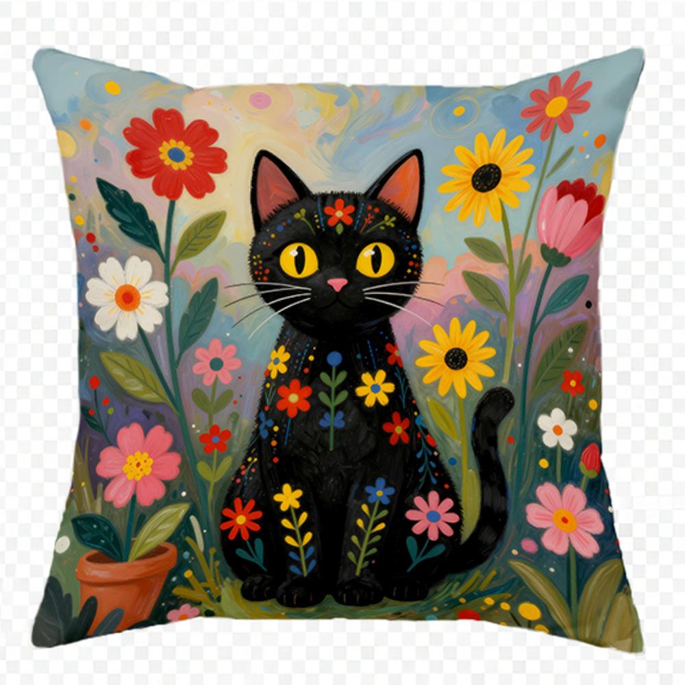 1/4Pcs Black Cat Floral Pillowcases For Cozy Decor Sofa Cushion Cover Home Bedroom Room Decoration