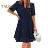 Casual Dresses - Summer Beach Casual Dress Women Hollow Out Eyelet V Neck Short Sleeve Midi Sundress Tiered Flowy A Line