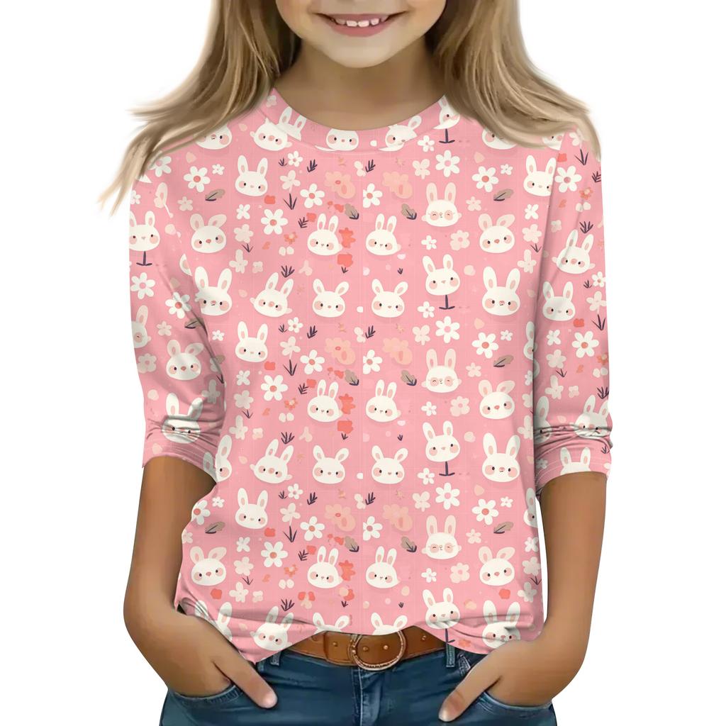Print Tops For Youth Girls Round Neck 3/4 Sleeves T-Shirts Trendy Tops Outfit Tees