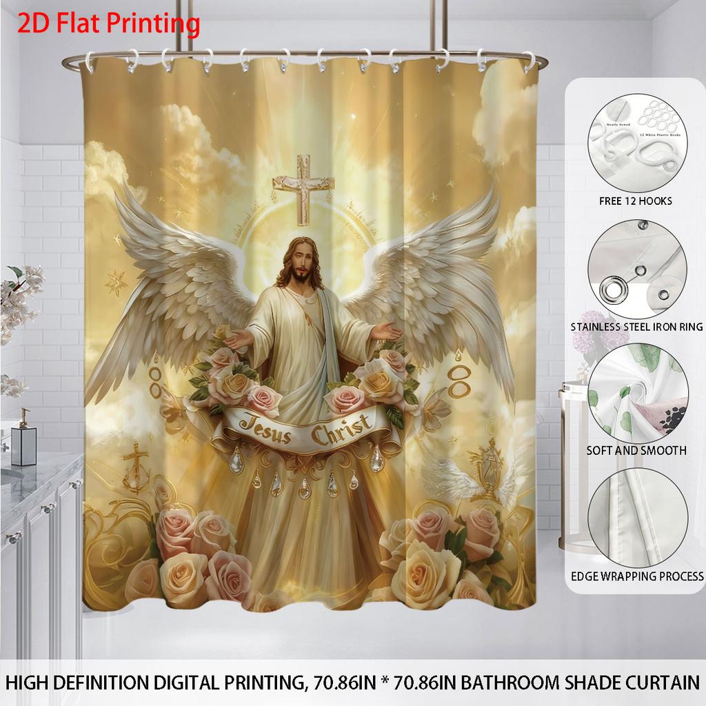 1Pc Holy Jesus Print Waterproof Shower Partition Privacy Hanging Curtain With 12 Hooks, Multiple Sizes Easy Installation