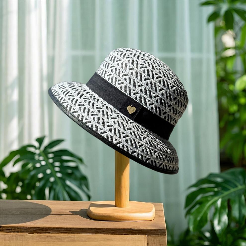 (One Size, White) Womens Straw Sun Hat Elegant Patchwork Bucket Hat Summer Foldable Travel Cap for Outdoor Beach