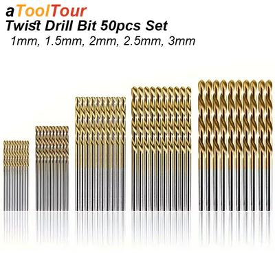 Straight Shank Twist Drill Bit Set Titanium Coated High Speed Steel HHS Wood Plastic Aluminium Cutter Woodworking Tool 50pcs