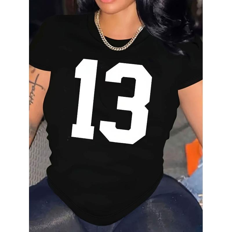 

European Size Women S Retro Digital 13 Graphic T-Shirt-Round Neck Short Sleeve Top for Spring Summer Fall,Casual Loose Fit T Shirts,Everyday Comfort 4XL чорний