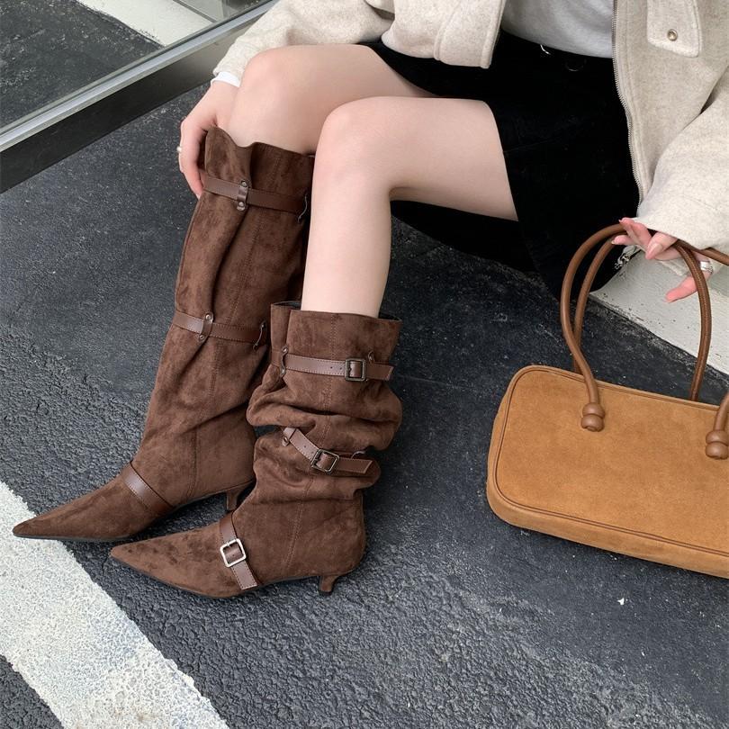 Pointed big tube around piled boots niche design retro western cowboy boots thick heel hot girl fashion sense long boots women