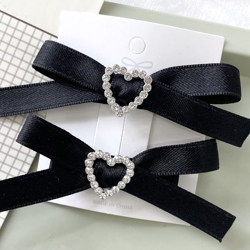 Set of 2 Mini Ribbon Clips with Heart Jewel, Black [Used]