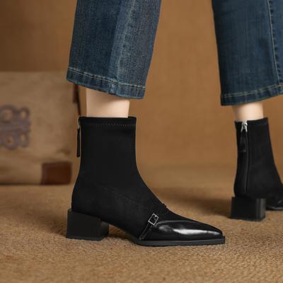 Thick Heel Pointed Head Women's Retro Cowhide Splicing Small Short Boots Versatile and Thin